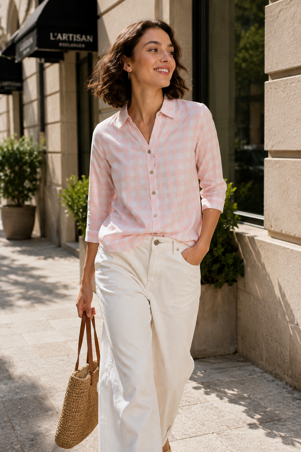 Casual Peach & White Gingham Checkered Shirt - 27088