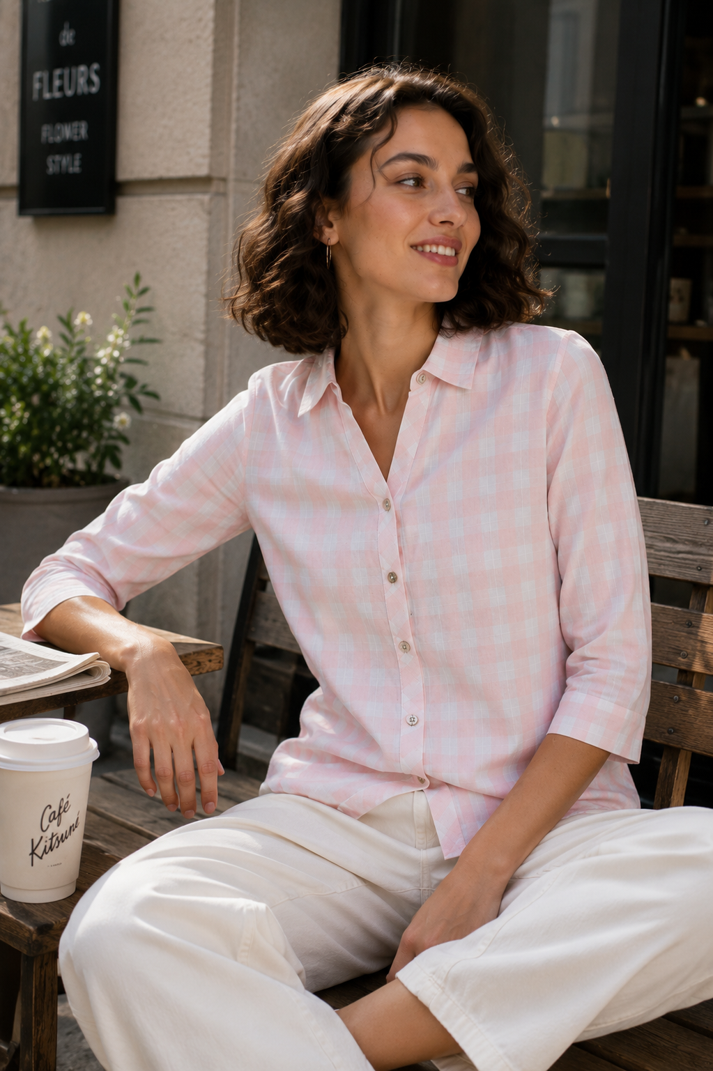 Casual Peach & White Gingham Checkered Shirt - 27088