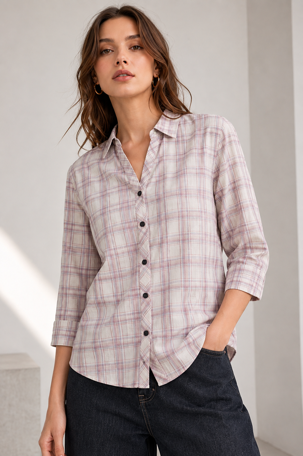 Classic Dusty Rose Plaid Short Sleeve Casual Shirt - 27082