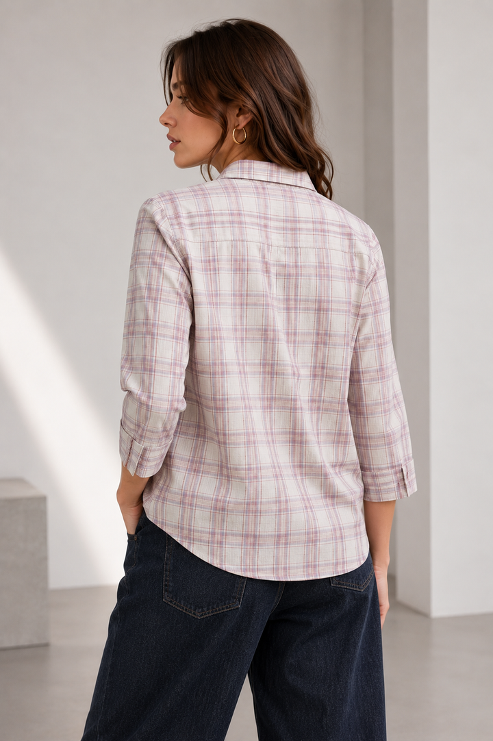 Classic Dusty Rose Plaid Short Sleeve Casual Shirt - 27082