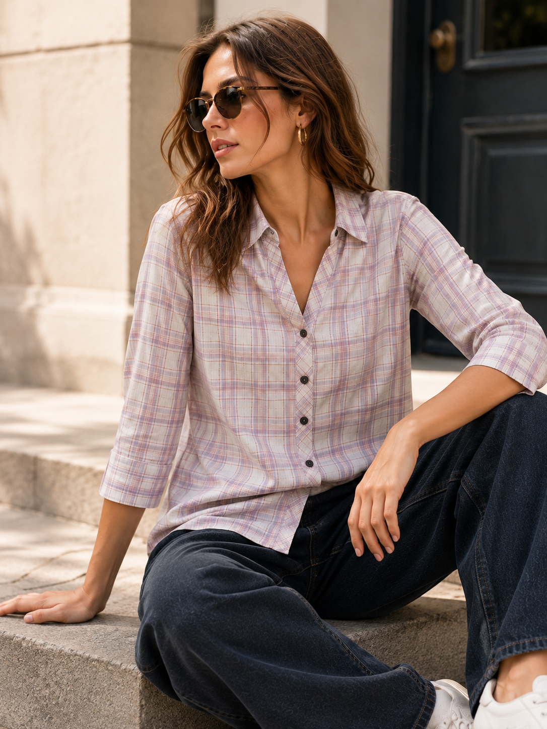 Classic Dusty Rose Plaid Short Sleeve Casual Shirt - 27082