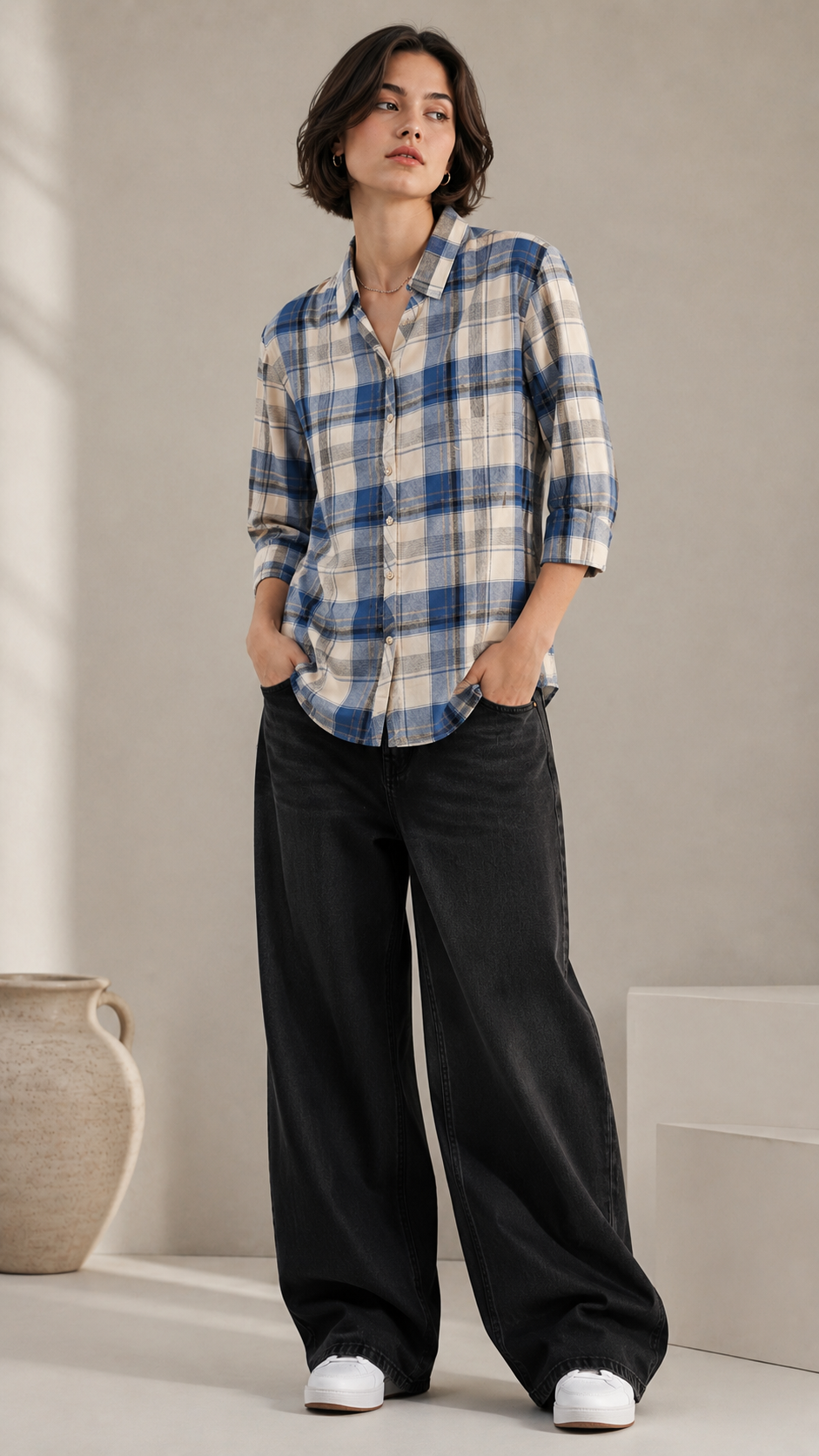 Women's Casual Blue & Off-White Plaid Checkered Shirt - 27069
