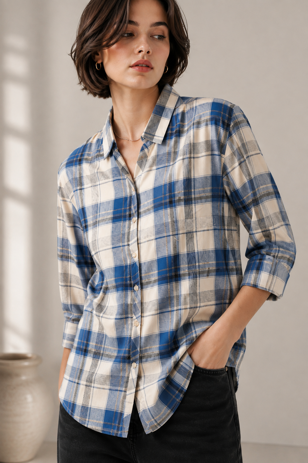 Women's Casual Blue & Off-White Plaid Checkered Shirt - 27069