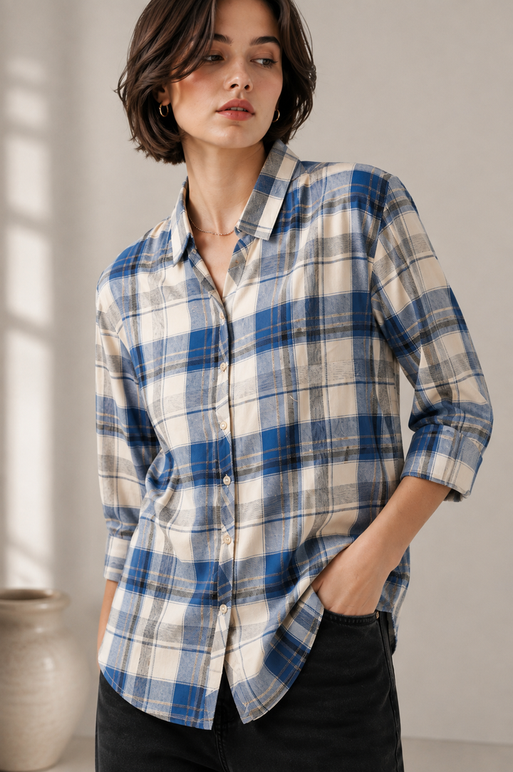 Women's Casual Blue & Off-White Plaid Checkered Shirt - 27069