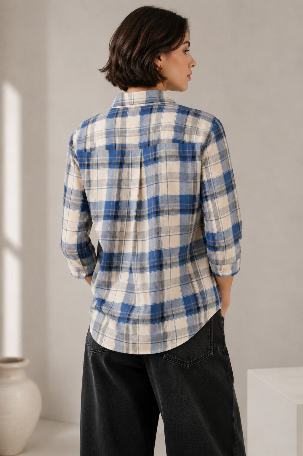 Women's Casual Blue & Off-White Plaid Checkered Shirt - 27069