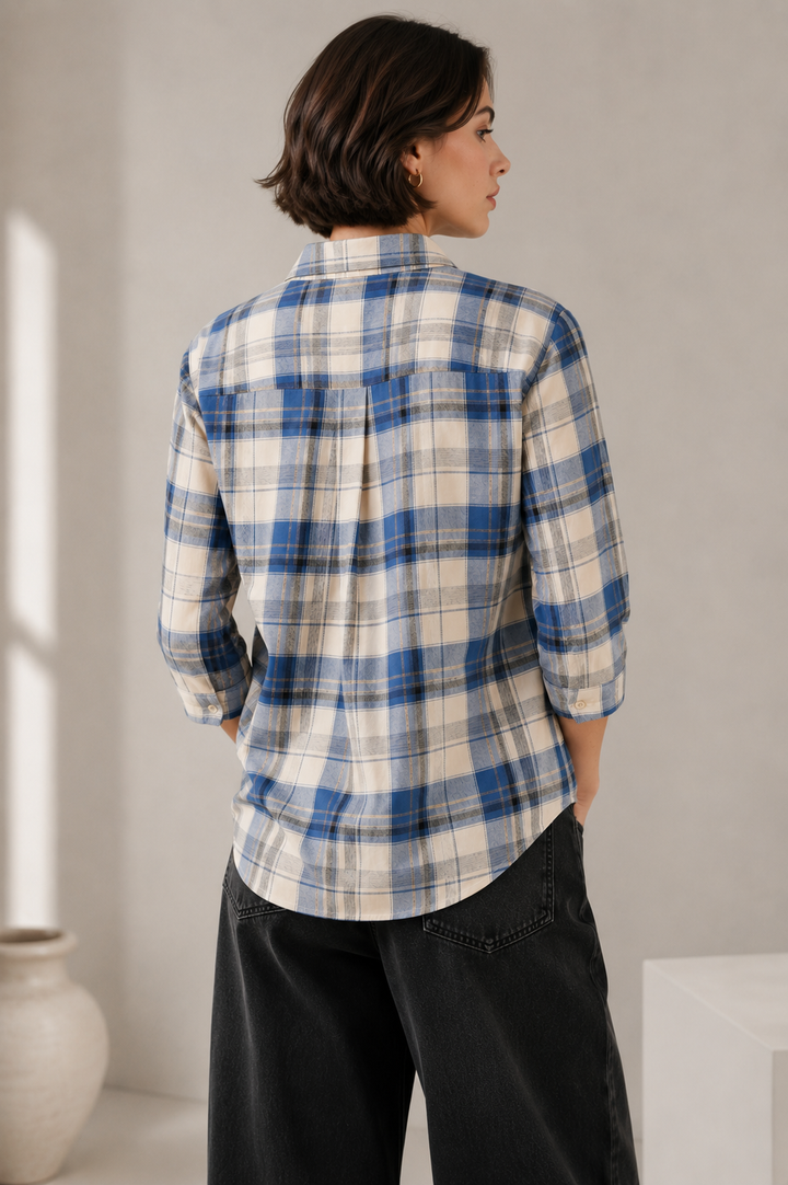 Women's Casual Blue & Off-White Plaid Checkered Shirt - 27069