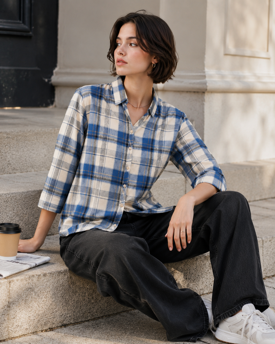 Women's Casual Blue & Off-White Plaid Checkered Shirt - 27069