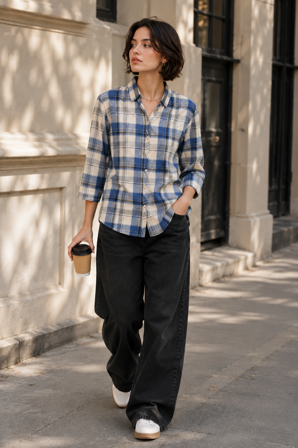 Women's Casual Blue & Off-White Plaid Checkered Shirt - 27069