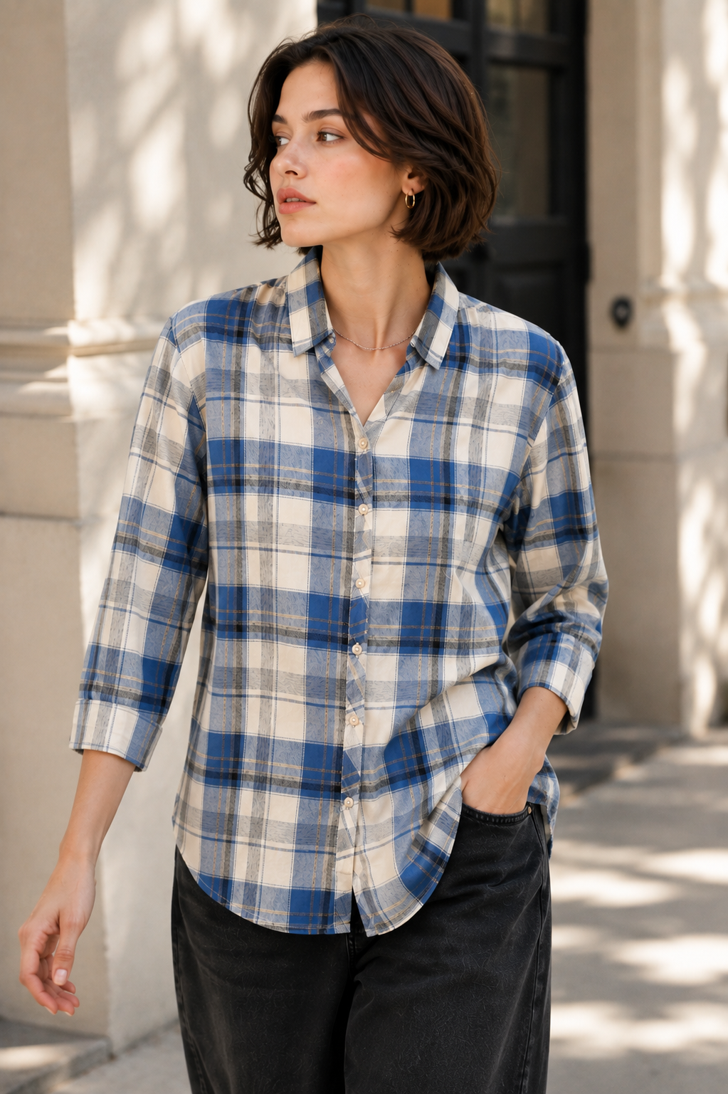 Women's Casual Blue & Off-White Plaid Checkered Shirt - 27069