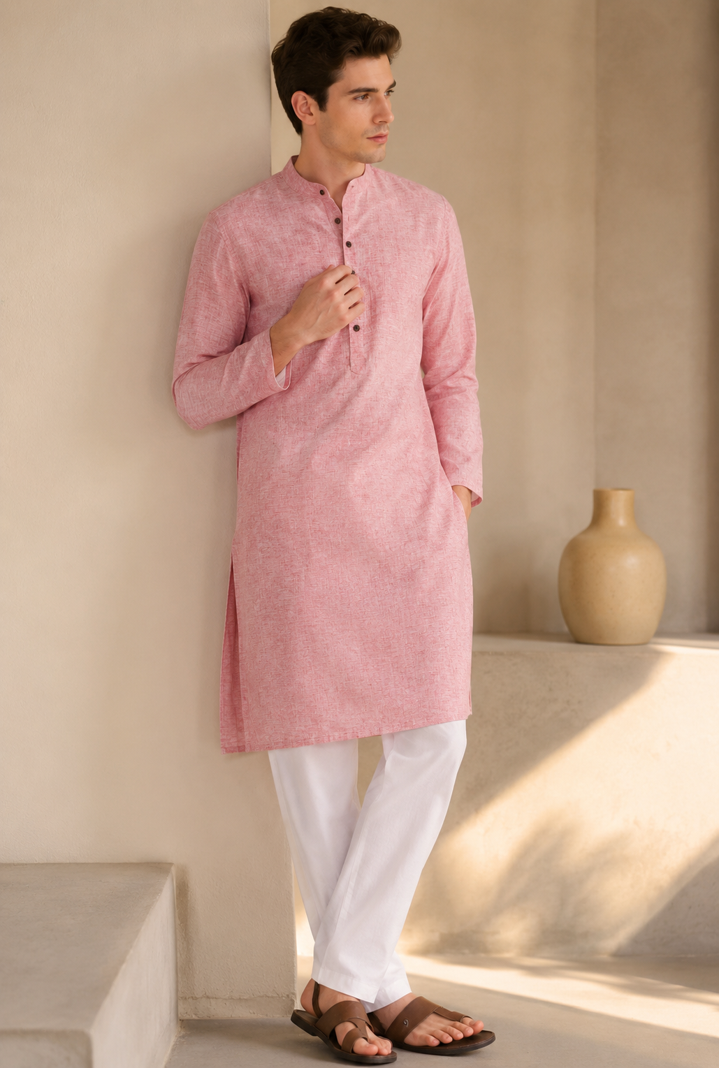 Ethnic Casual Cotton-Rich Peach Kurta with Contrast Buttons - 24188