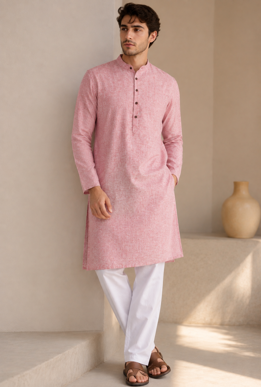 Ethnic Casual Cotton-Rich Peach Kurta with Contrast Buttons - 24188