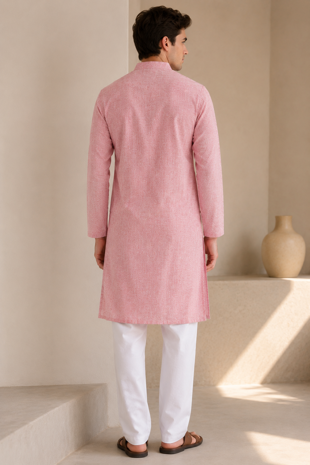 Ethnic Casual Cotton-Rich Peach Kurta with Contrast Buttons - 24188
