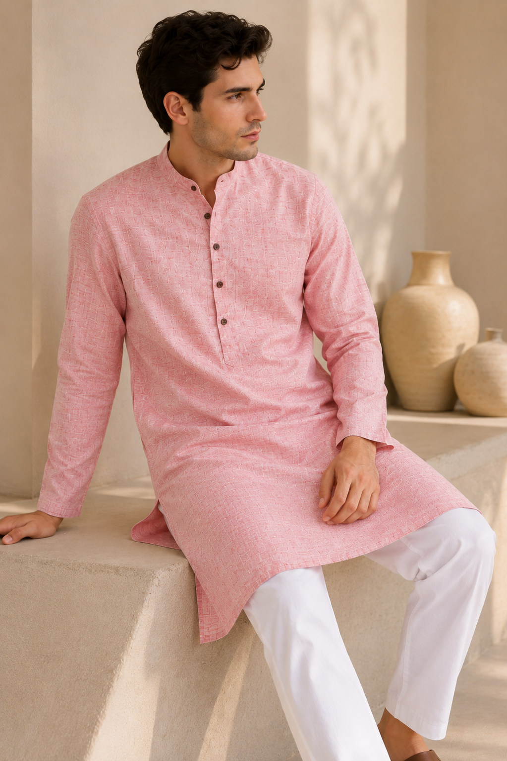 Ethnic Casual Cotton-Rich Peach Kurta with Contrast Buttons - 24188