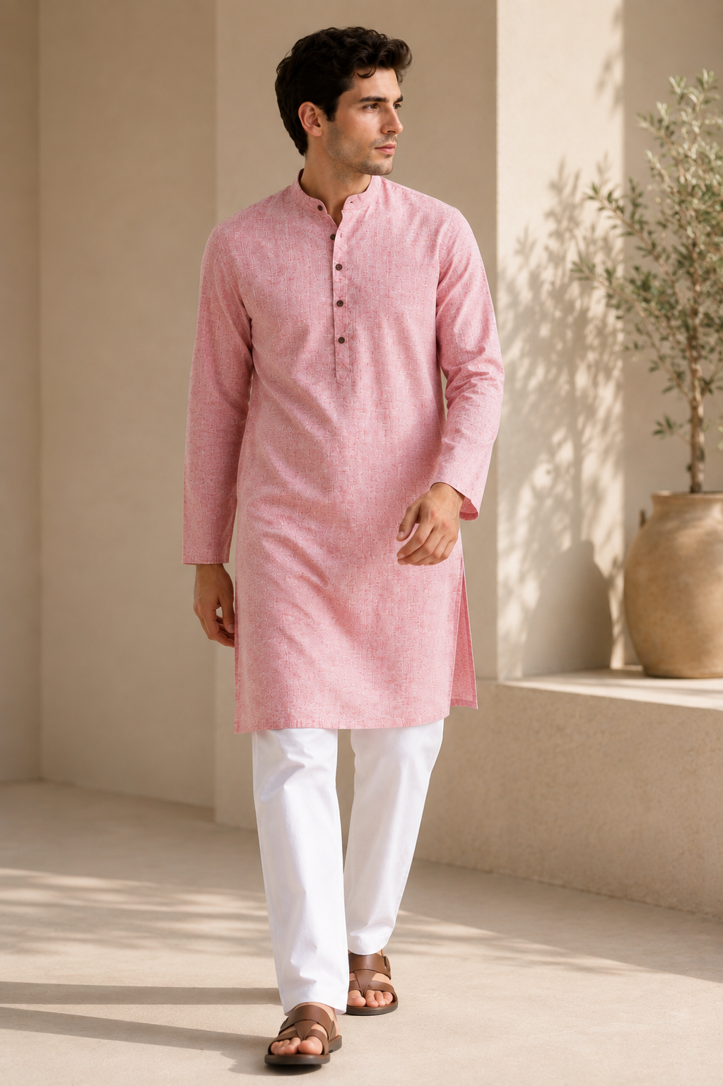 Ethnic Casual Cotton-Rich Peach Kurta with Contrast Buttons - 24188