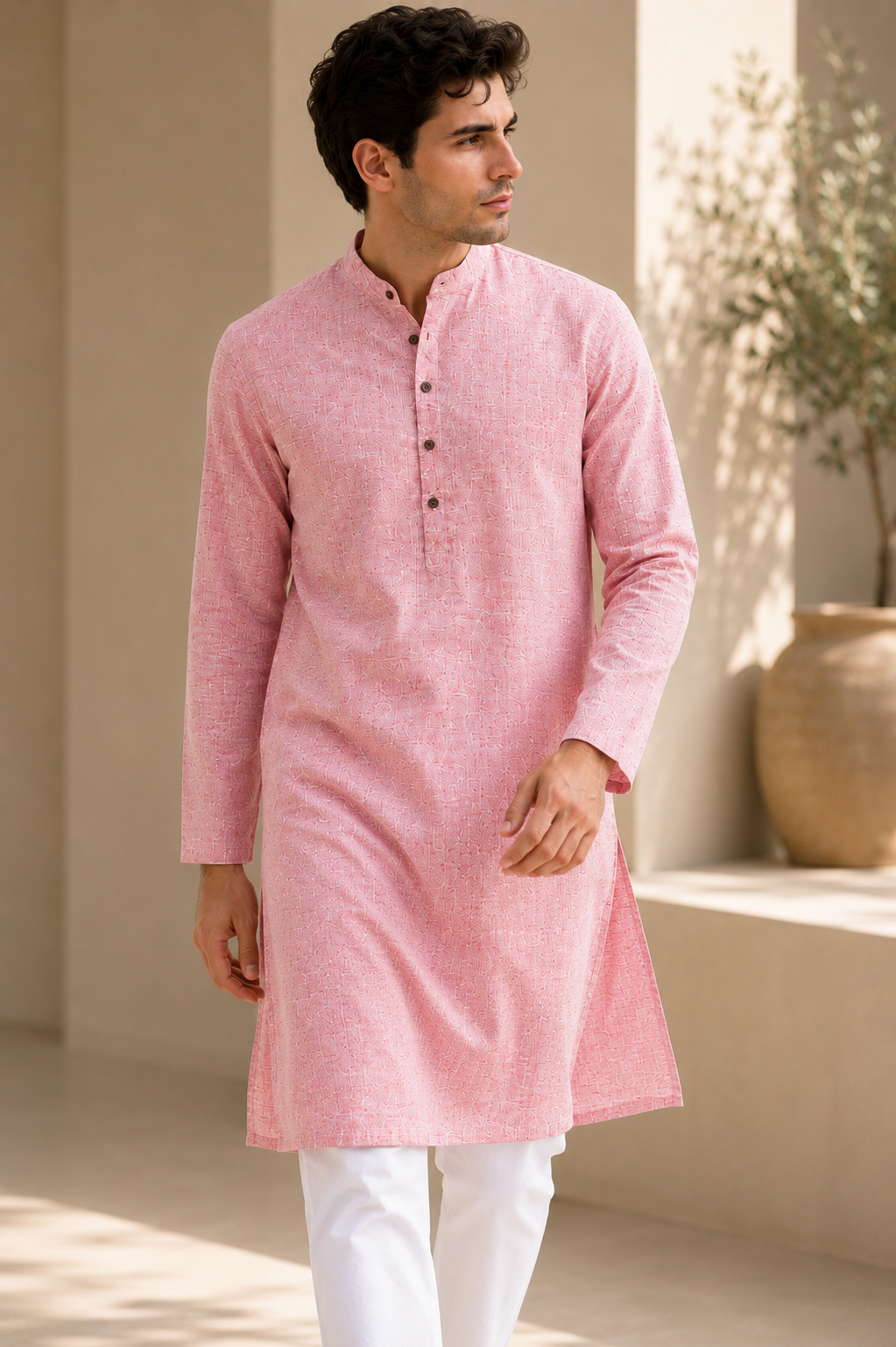 Ethnic Casual Cotton-Rich Peach Kurta with Contrast Buttons - 24188