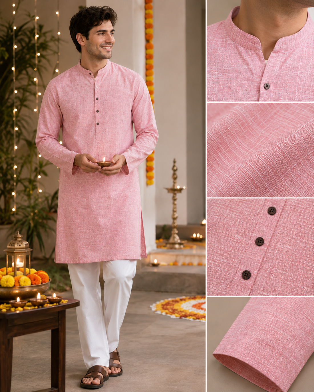 Ethnic Casual Cotton-Rich Peach Kurta with Contrast Buttons - 24188
