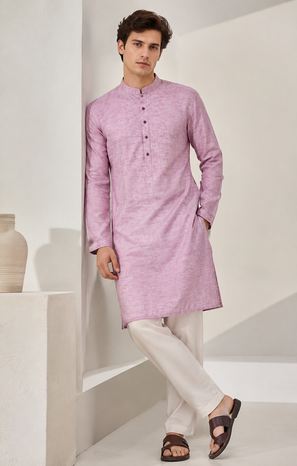 Men's Ethnic Casual Cotton-Rich Pink Kurta with Matching Engraved Buttons - 24185