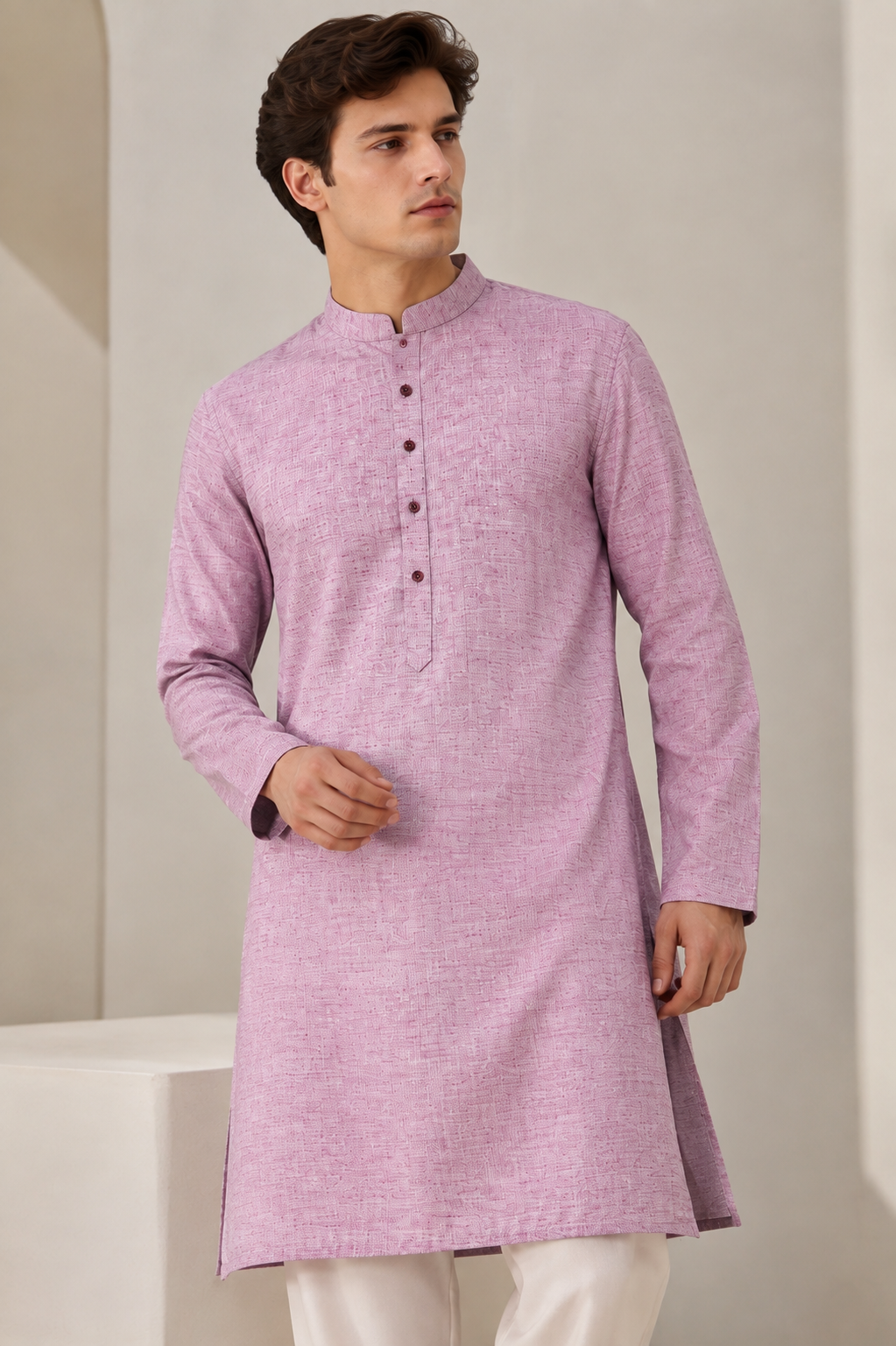Men's Ethnic Casual Cotton-Rich Pink Kurta with Matching Engraved Buttons - 24185