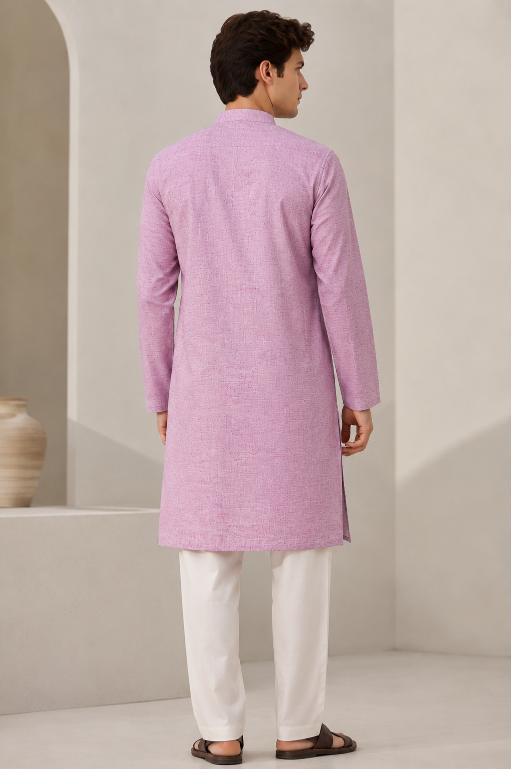 Men's Ethnic Casual Cotton-Rich Pink Kurta with Matching Engraved Buttons - 24185