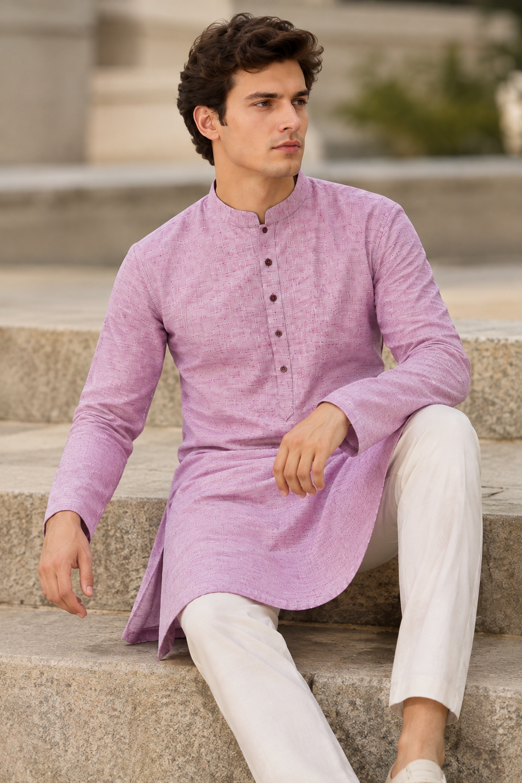 Men's Ethnic Casual Cotton-Rich Pink Kurta with Matching Engraved Buttons - 24185