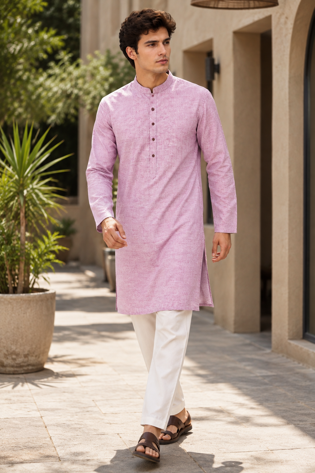 Men's Ethnic Casual Cotton-Rich Pink Kurta with Matching Engraved Buttons - 24185