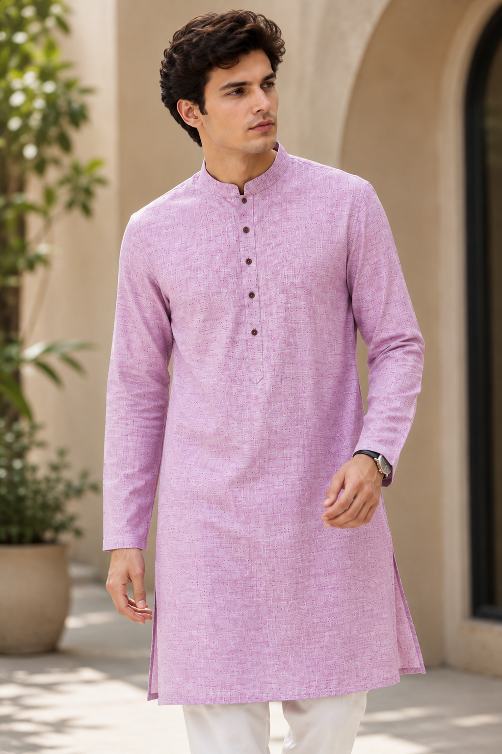 Men's Ethnic Casual Cotton-Rich Pink Kurta with Matching Engraved Buttons - 24185