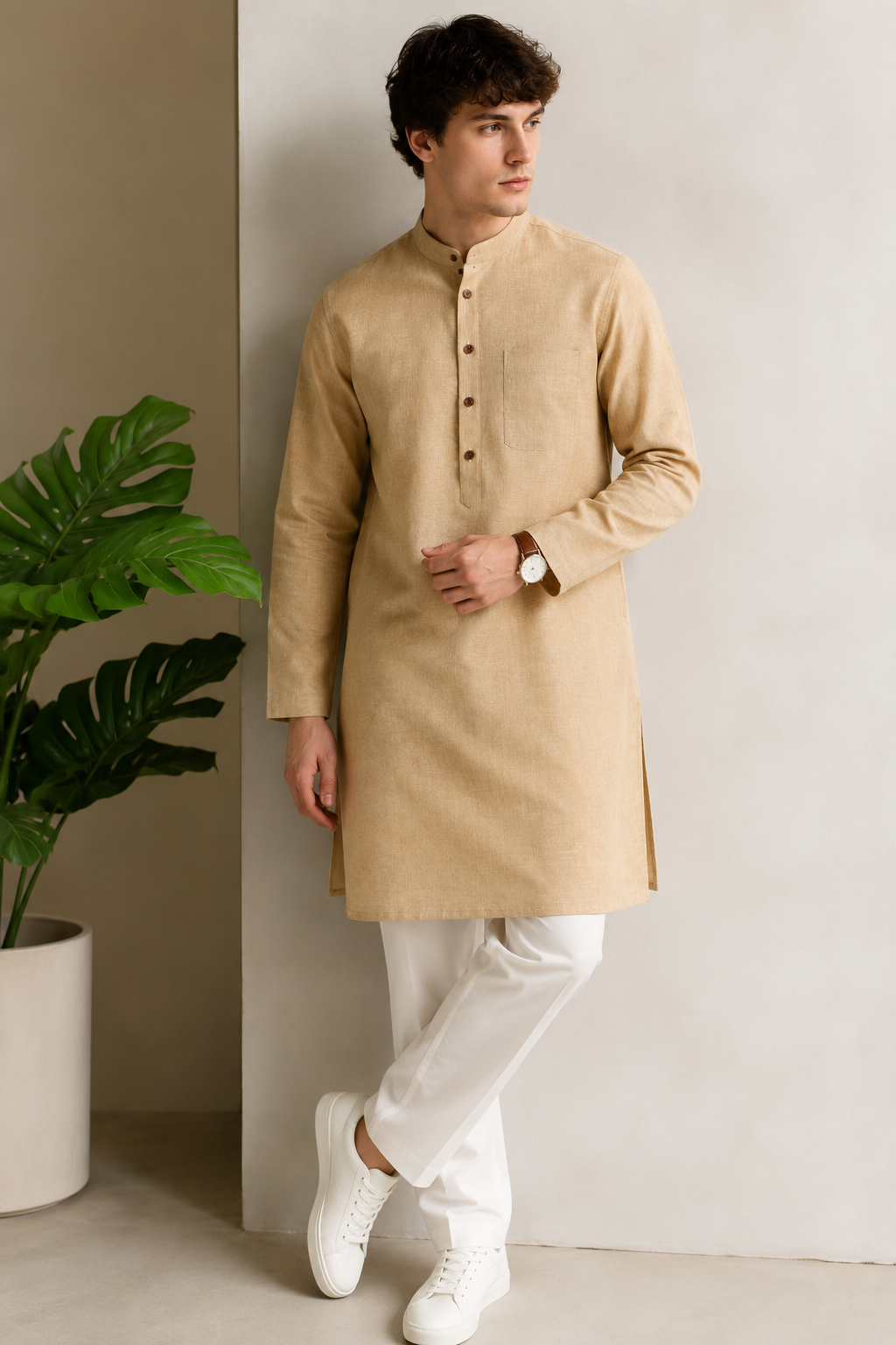 Men's Ethnic Casual Cotton-Rich Beige Kurta with Contrast Buttons - 24195