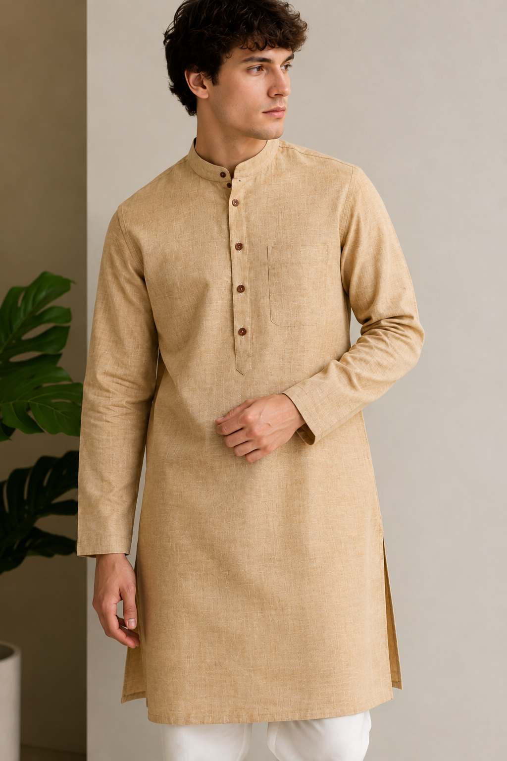 Men's Ethnic Casual Cotton-Rich Beige Kurta with Contrast Buttons - 24195