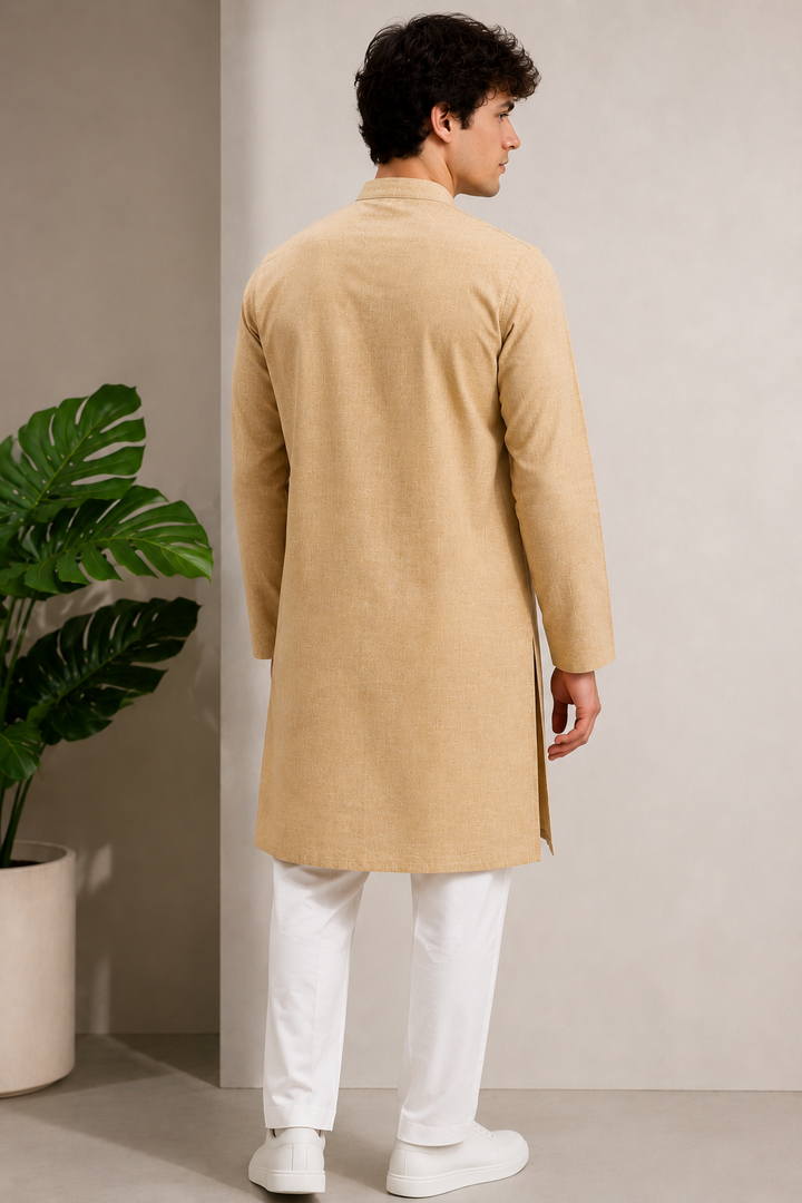 Men's Ethnic Casual Cotton-Rich Beige Kurta with Contrast Buttons - 24195