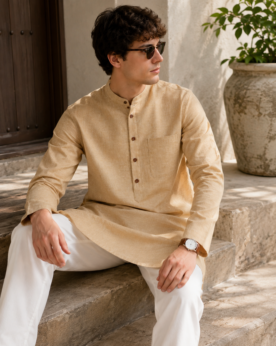Men's Ethnic Casual Cotton-Rich Beige Kurta with Contrast Buttons - 24195