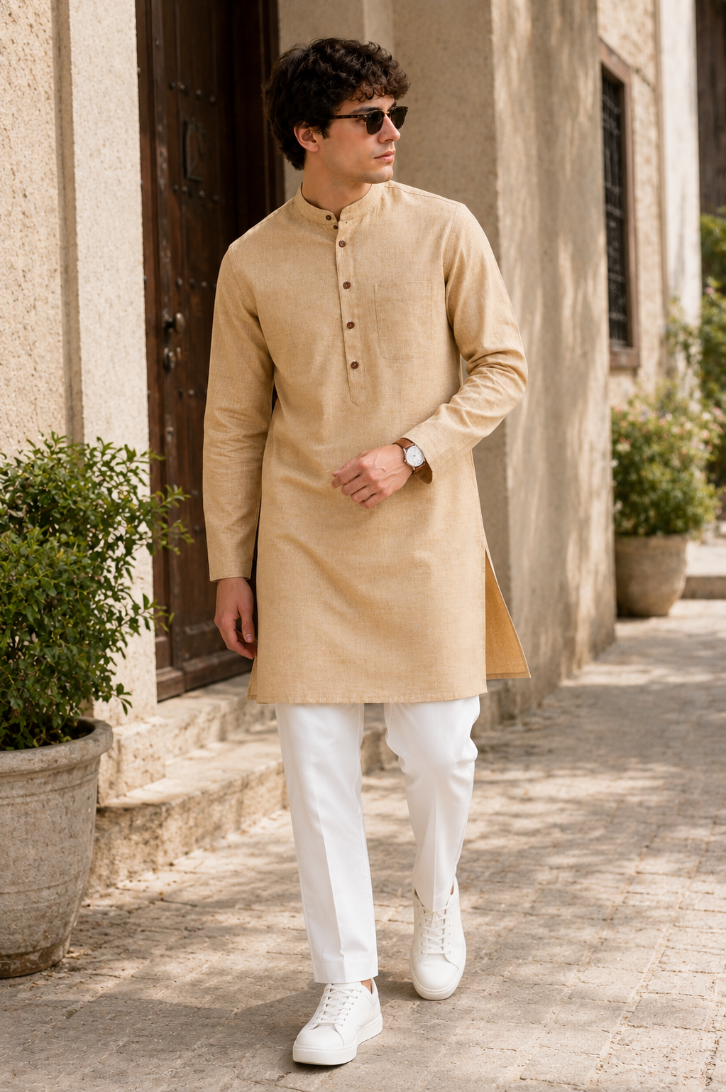 Men's Ethnic Casual Cotton-Rich Beige Kurta with Contrast Buttons - 24195