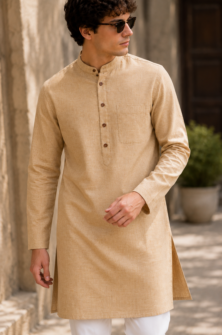 Men's Ethnic Casual Cotton-Rich Beige Kurta with Contrast Buttons - 24195