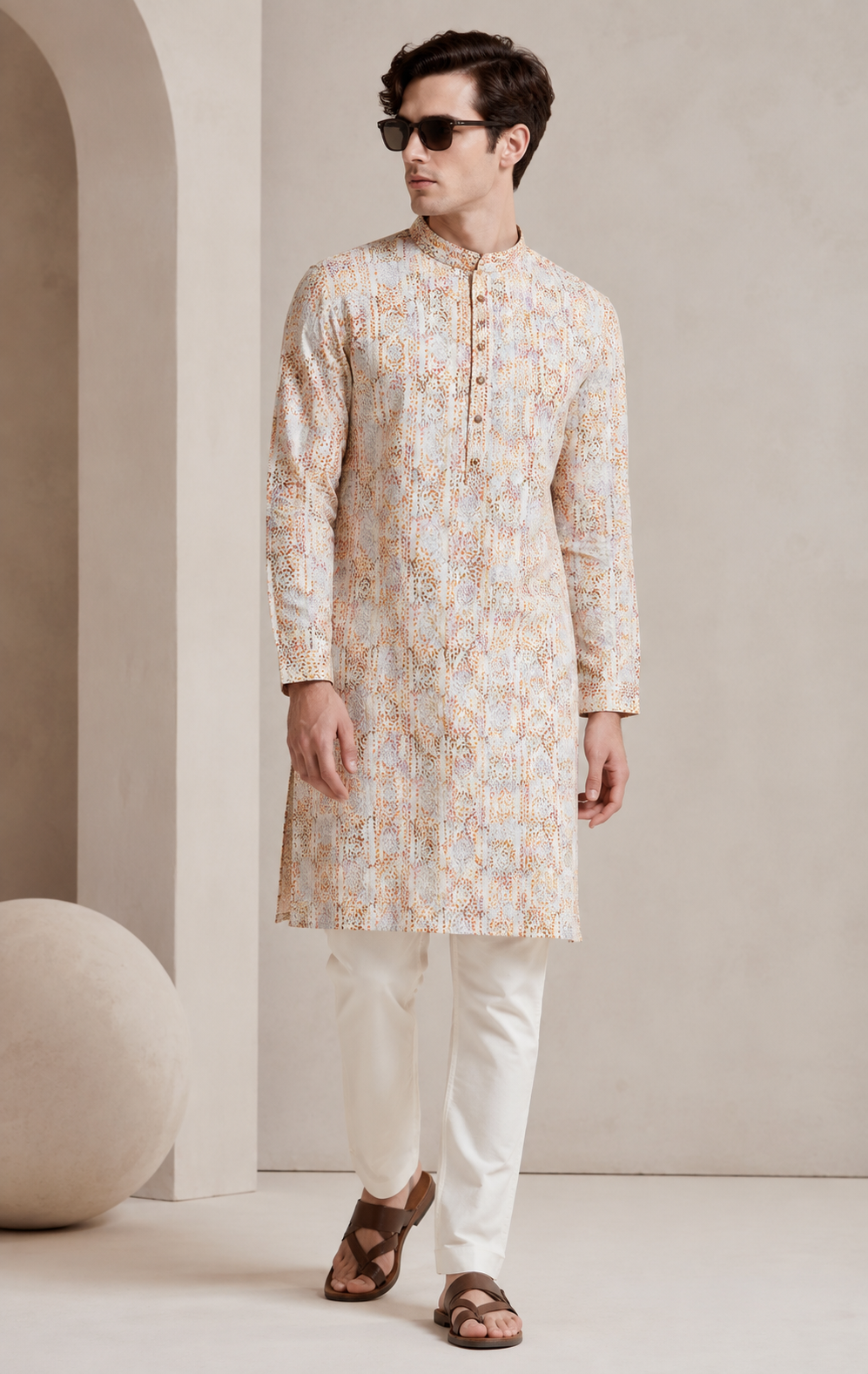 Men’s Elegant Pastel Orange & White Sequin Work Printed Cotton Kurta - 26408