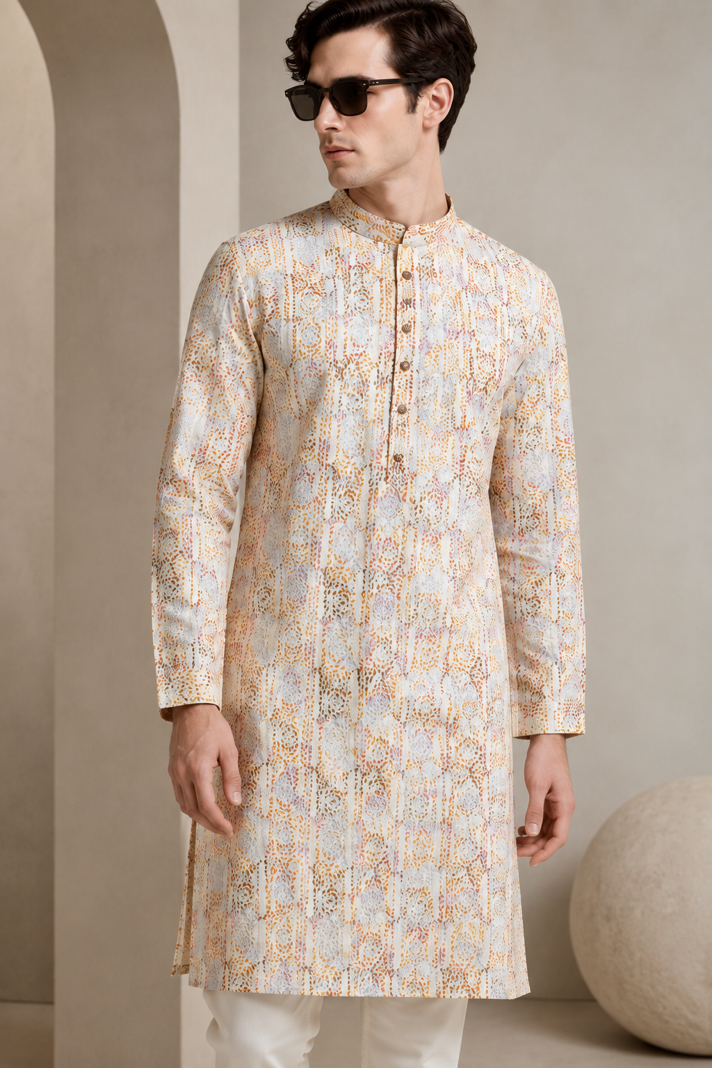 Men’s Elegant Pastel Orange & White Sequin Work Printed Cotton Kurta - 26408