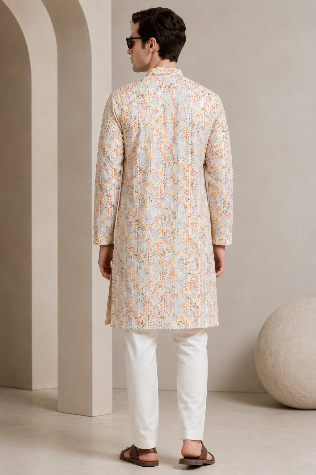 Men’s Elegant Pastel Orange & White Sequin Work Printed Cotton Kurta - 26408