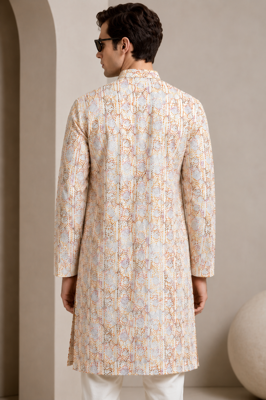 Men’s Elegant Pastel Orange & White Sequin Work Printed Cotton Kurta - 26408