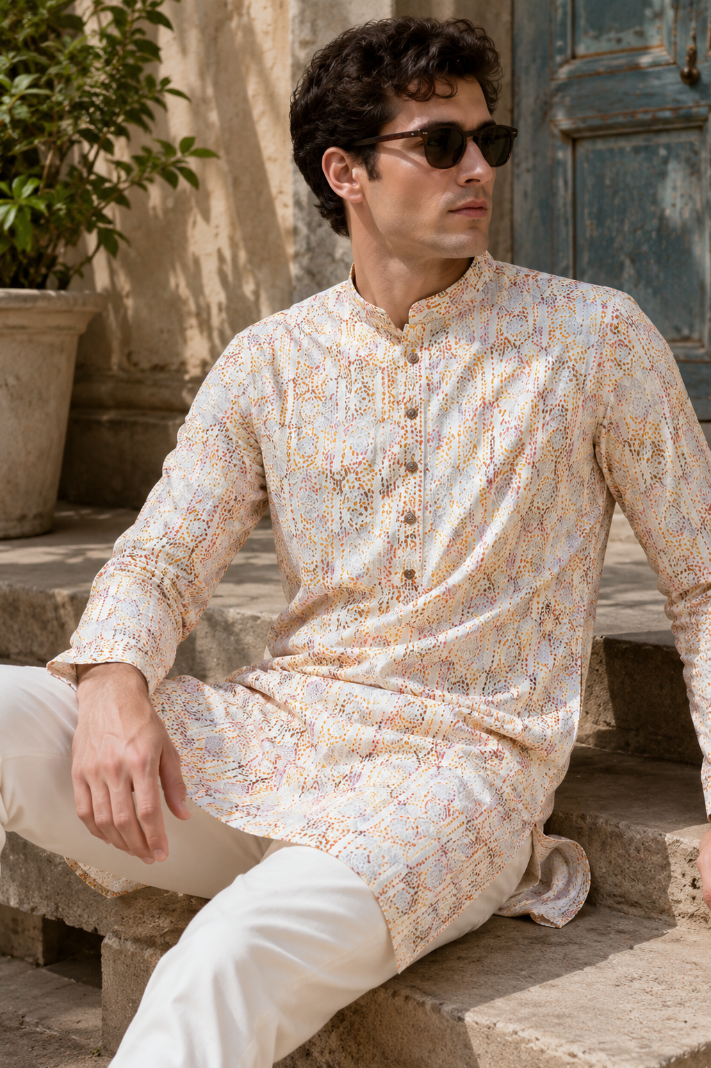 Men’s Elegant Pastel Orange & White Sequin Work Printed Cotton Kurta - 26408