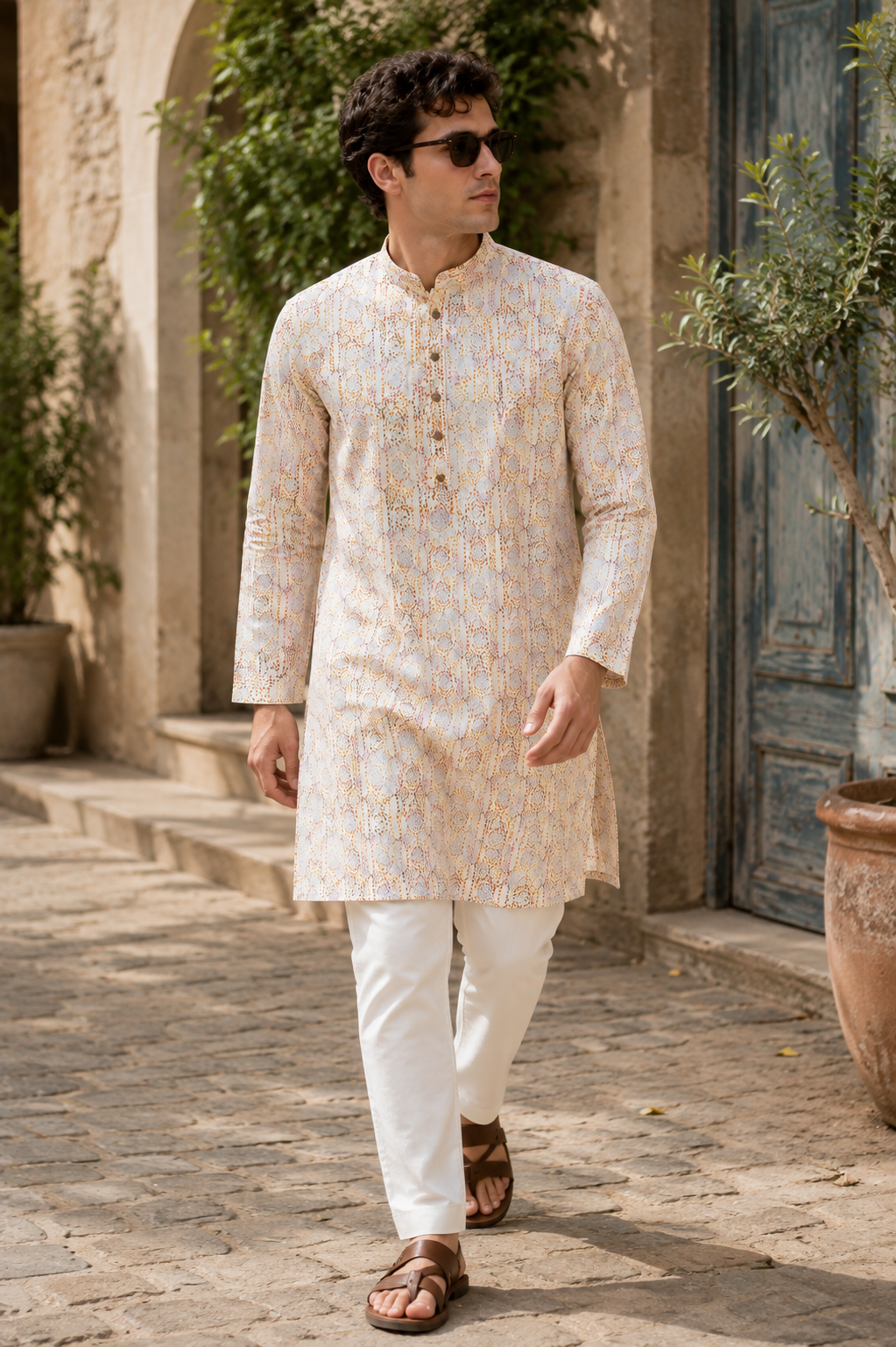 Men’s Elegant Pastel Orange & White Sequin Work Printed Cotton Kurta - 26408