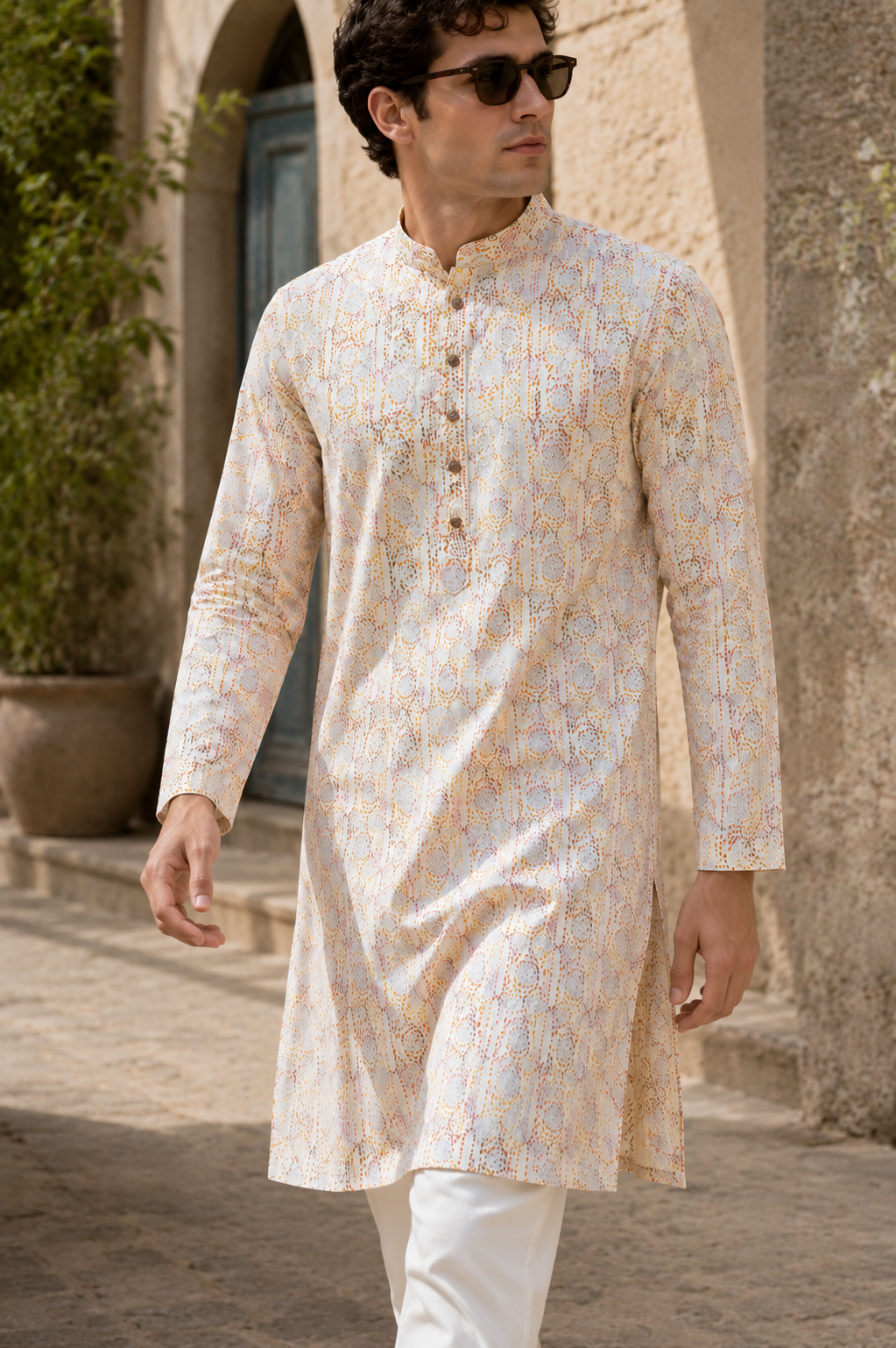 Men’s Elegant Pastel Orange & White Sequin Work Printed Cotton Kurta - 26408