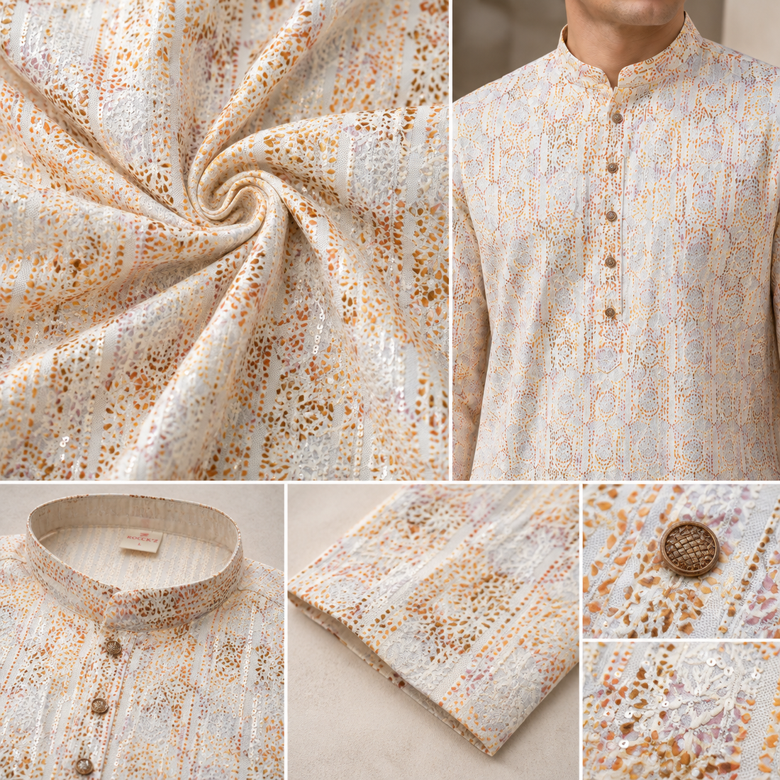 Men’s Elegant Pastel Orange & White Sequin Work Printed Cotton Kurta - 26408
