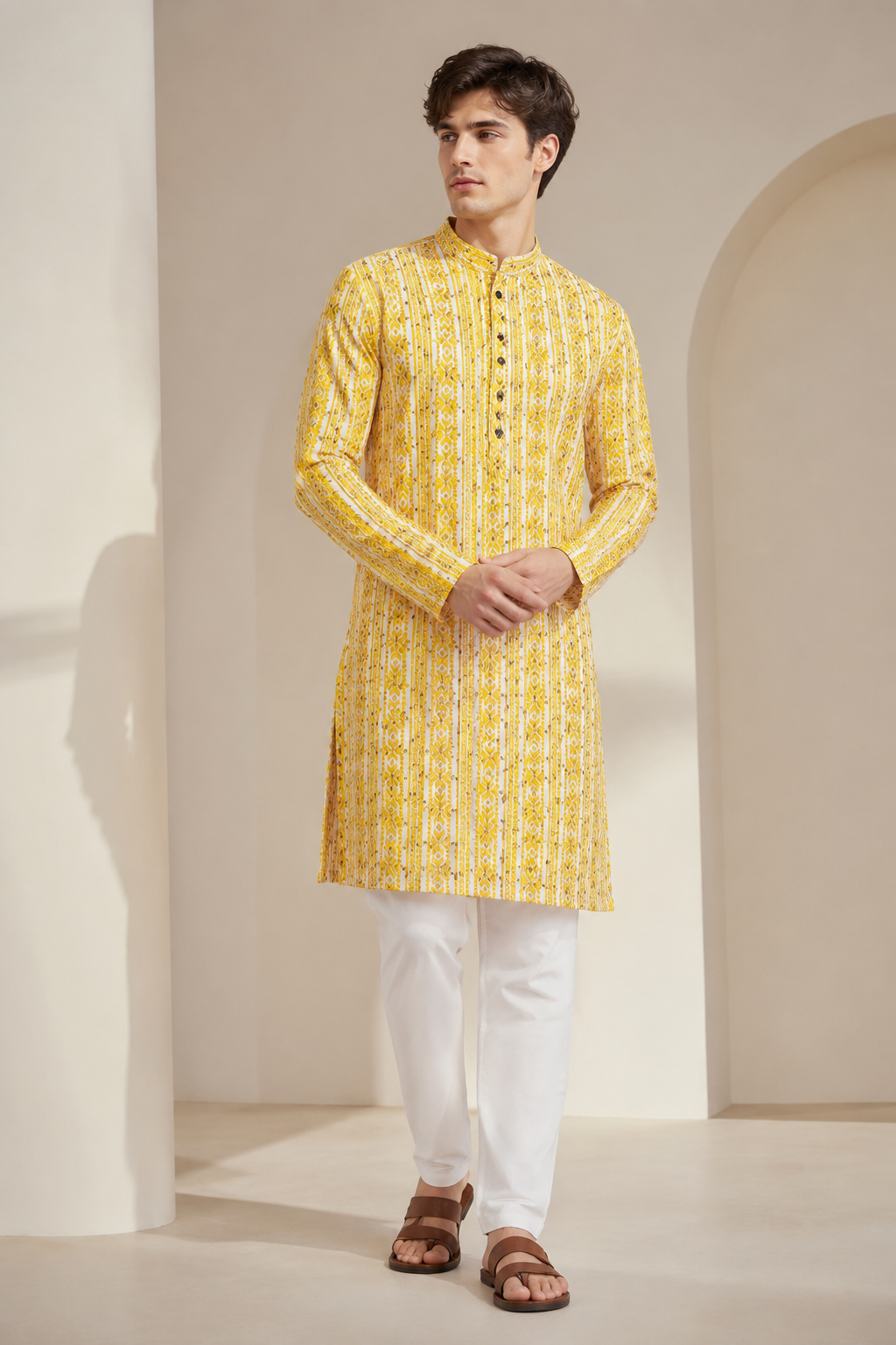 Mustard Yellow Sequin & Thread Embroidered Long Kurta - 26413