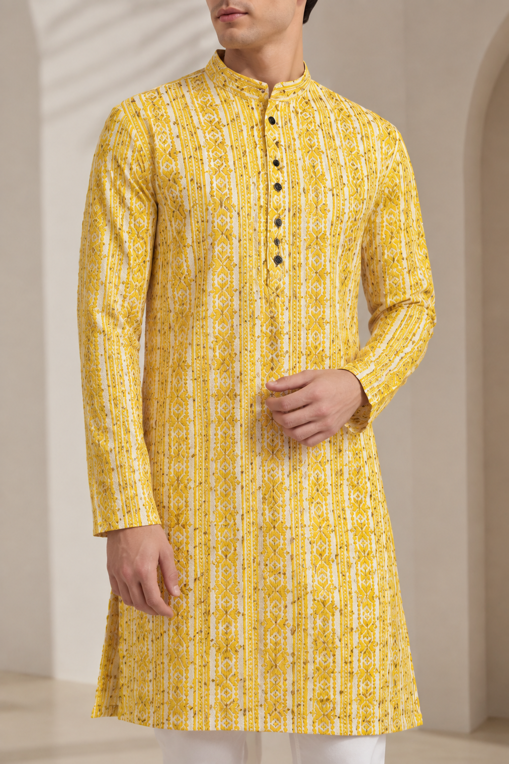 Mustard Yellow Sequin & Thread Embroidered Long Kurta - 26413