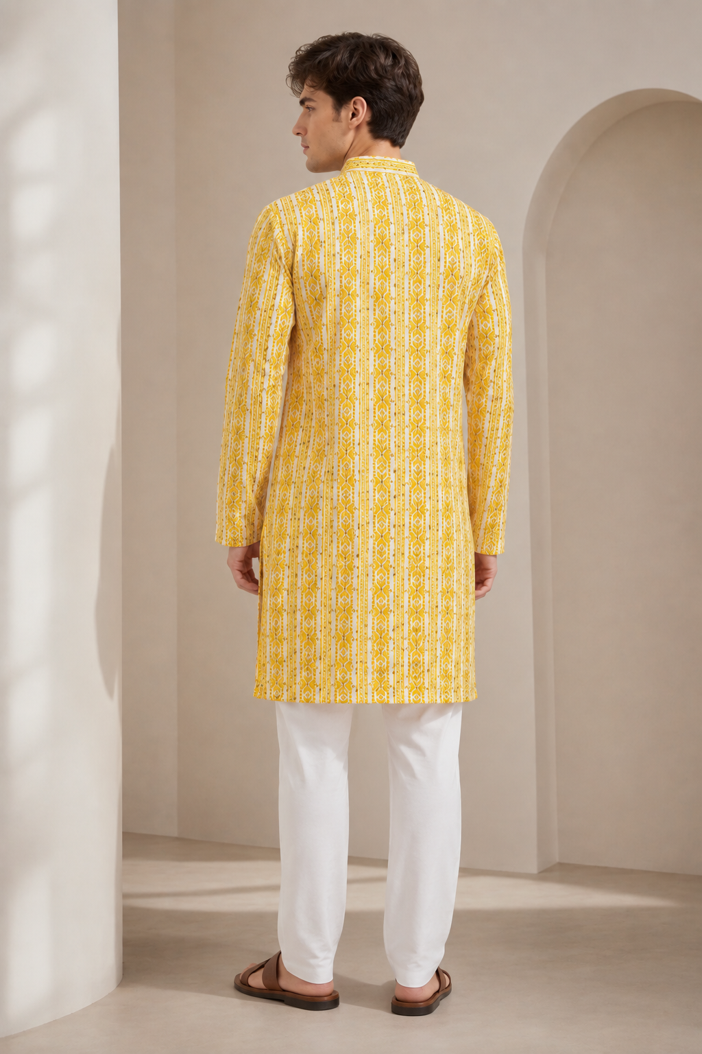 Mustard Yellow Sequin & Thread Embroidered Long Kurta - 26413