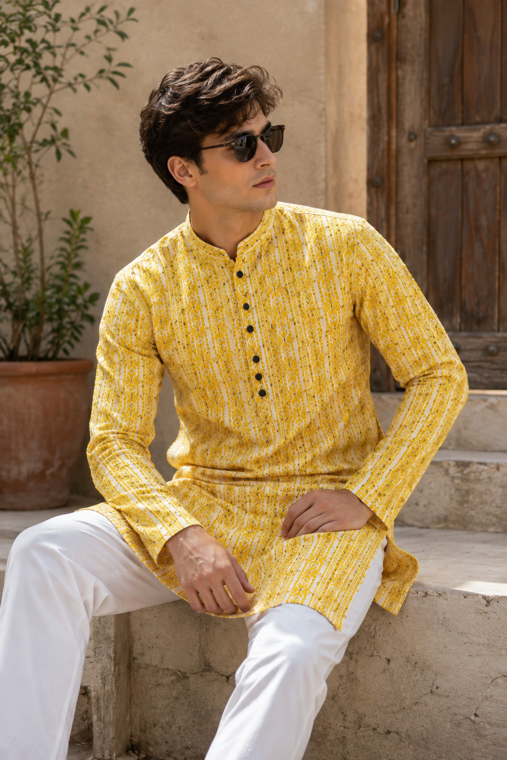 Mustard Yellow Sequin & Thread Embroidered Long Kurta - 26413