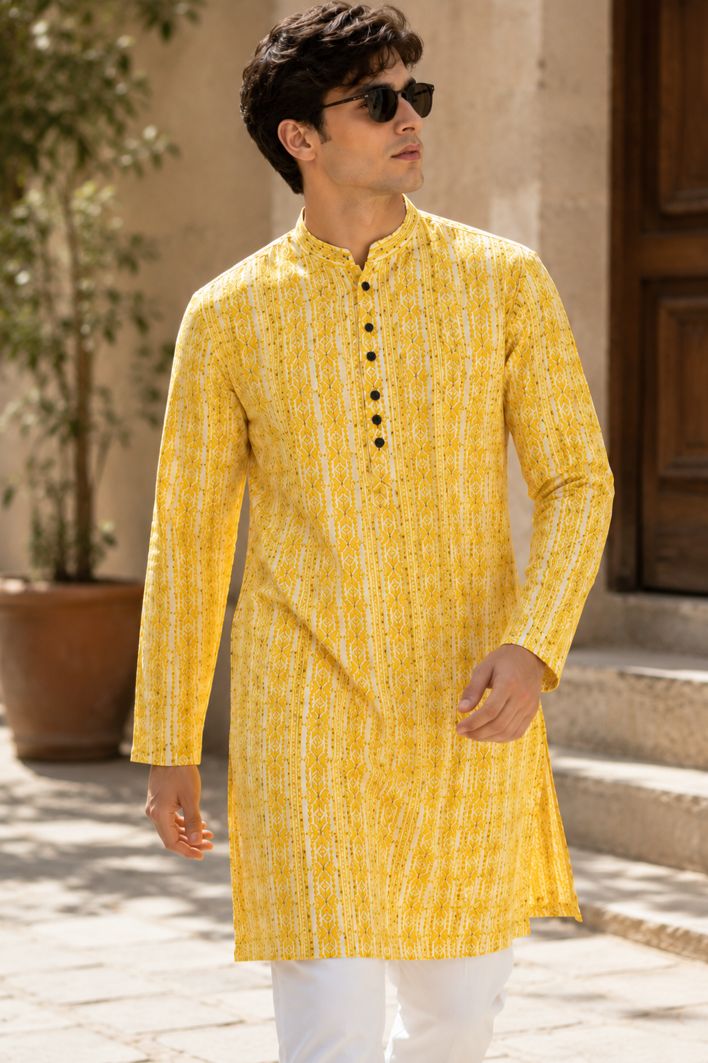 Mustard Yellow Sequin & Thread Embroidered Long Kurta - 26413