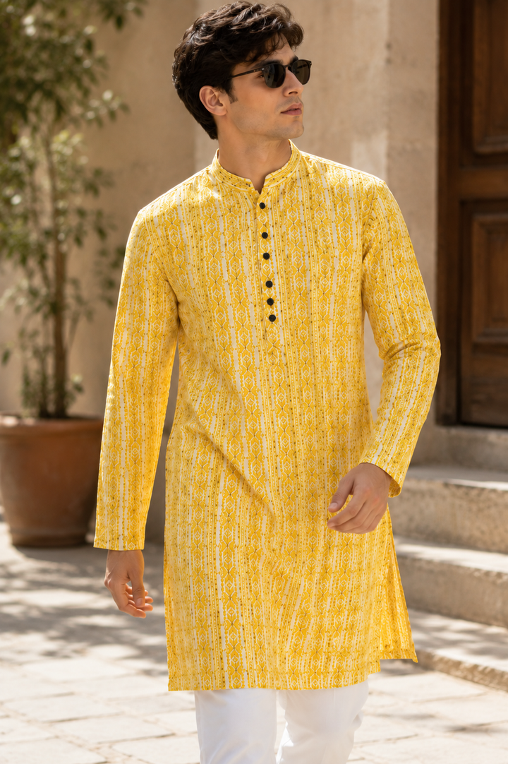 Mustard Yellow Sequin & Thread Embroidered Long Kurta - 26413