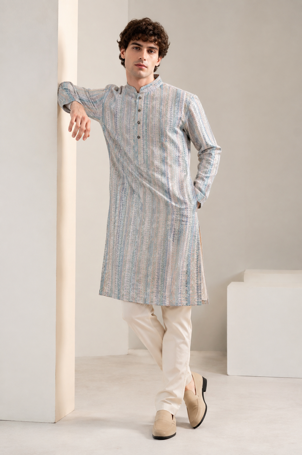 Pastel Blue Sequence Stone Work Textured Kurta Pajama for Men - 26415