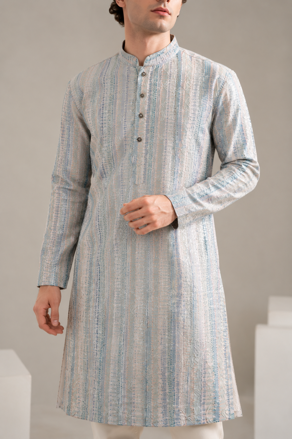 Pastel Blue Sequence Stone Work Textured Kurta Pajama for Men - 26415