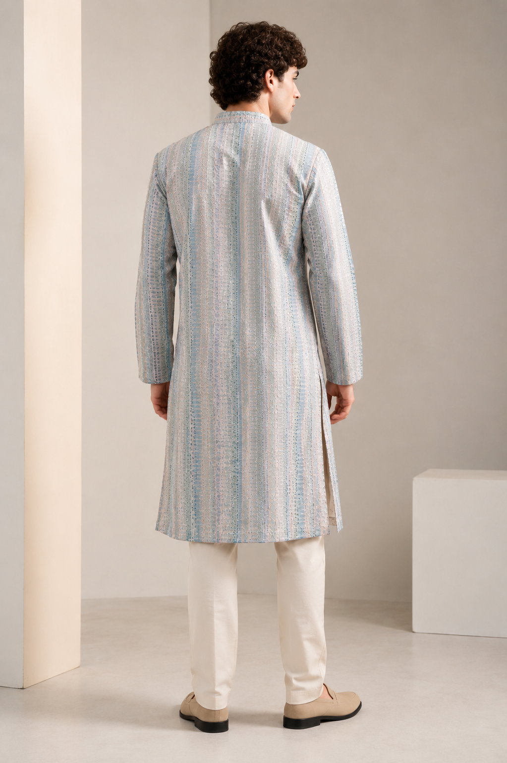 Pastel Blue Sequence Stone Work Textured Kurta Pajama for Men - 26415