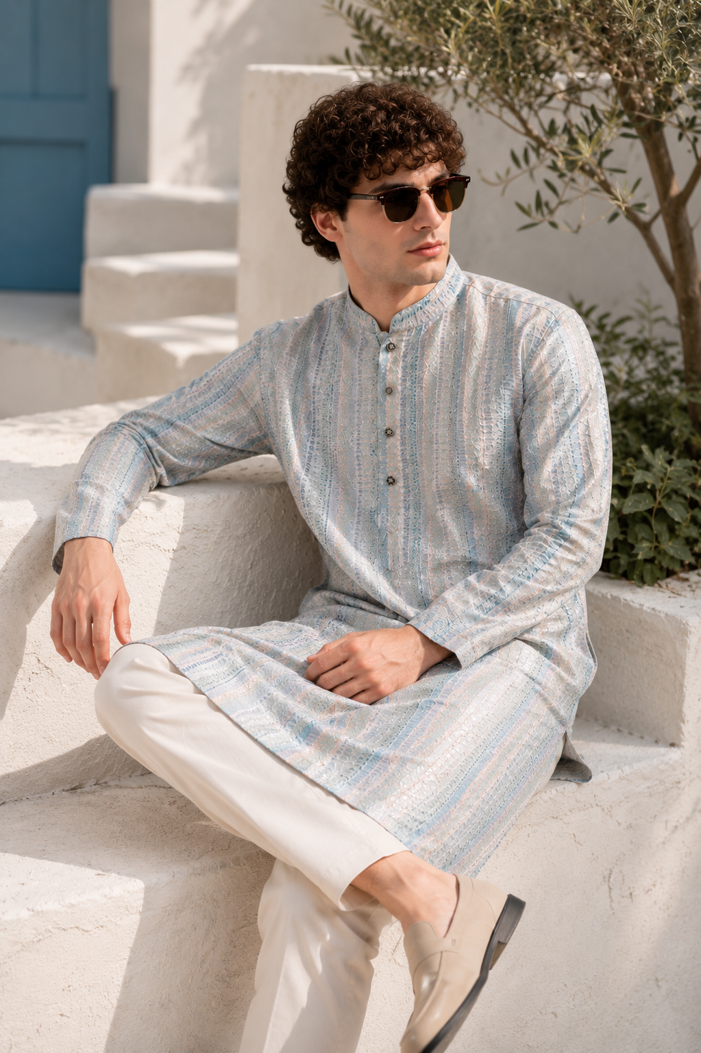 Pastel Blue Sequence Stone Work Textured Kurta Pajama for Men - 26415